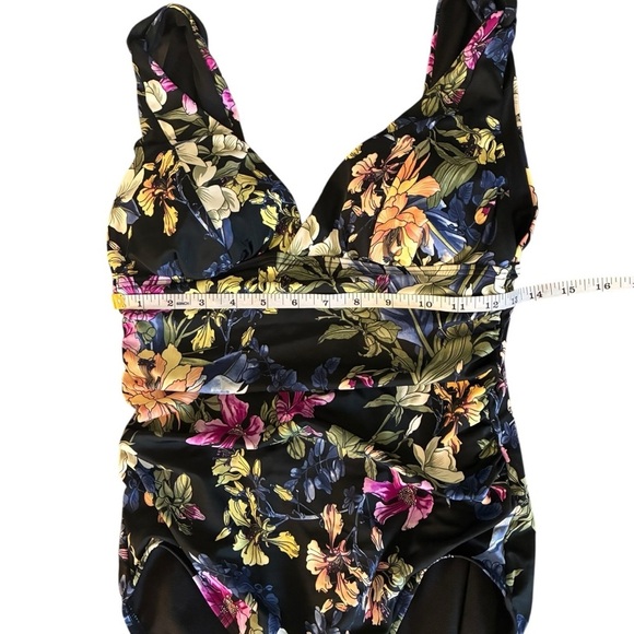 Time and Tru Black Floral One Piece Full Coverage Deep Dive Swim Suit Medium - Picture 4 of 5